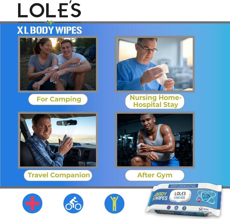 LOLE'S Body Wipes XL - Wet Wipes for Adults, 192 Count - 4 x 48, Adults No Shower, Adult Bed Bath, Incontinence Wipes Large & Fresh, Paraben Free, Ideal for Camping, Gym, Travel, Hospital - Image 5