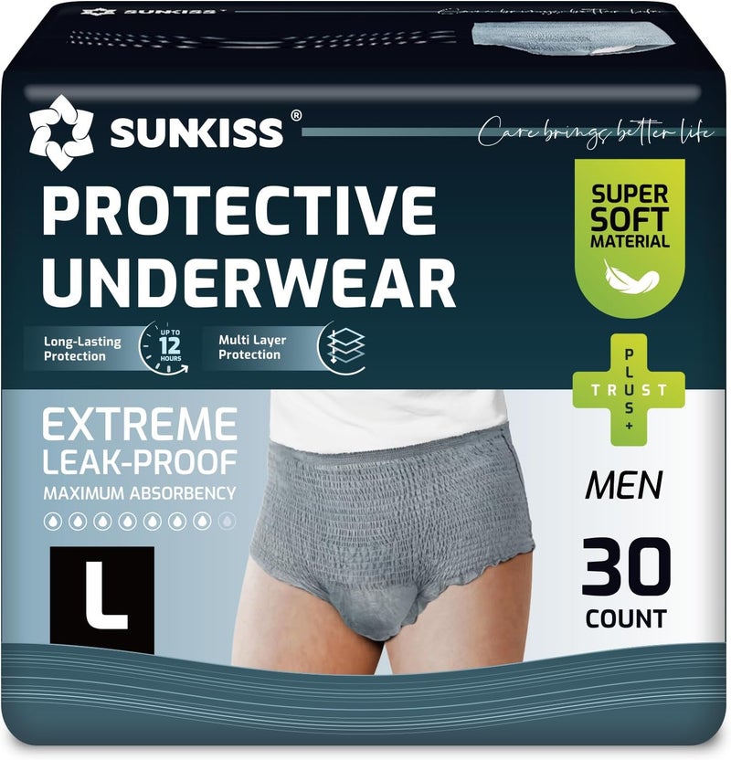 SUNKISS Incontinence Underwear for Men Daytime Disposable Adult Pull Ups Mens Protective Briefs with Maximum Absorbency Large Grey 30 Count - Image 1