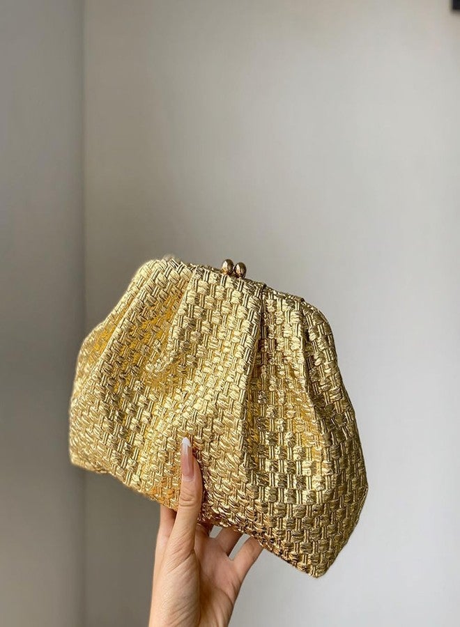 CUXVA Woven Pattern Clutch Purse Ruched Dumpling Evening Bag Chain Strap Handbags Elegant PU Leather Clutch Bag - Image 2