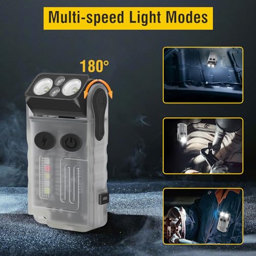 BORUIT V20 Small Powerful Flashlight Super Bright with Red Blue Warm Light, 180° Head Swivels 110dB Buzzer - Mini Keychain Pocket Rechargeable LED Flashlights USB EDC Clip Flash Light - Image 4
