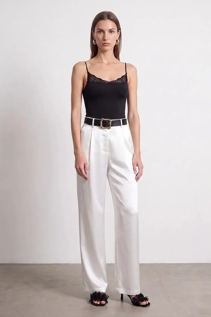 Dilvin White DILVIN High-Waist Pleated Wide-Leg Trousers for Women | Best Price UAE