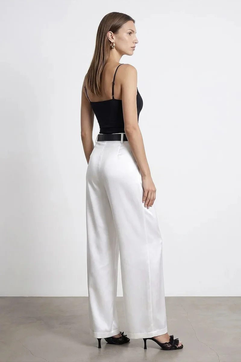 Dilvin White DILVIN High-Waist Pleated Wide-Leg Trousers for Women | Best Price UAE