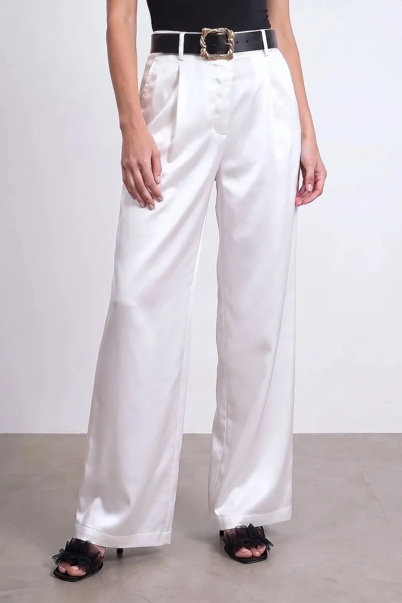 Dilvin White DILVIN High-Waist Pleated Wide-Leg Trousers for Women | Best Price UAE