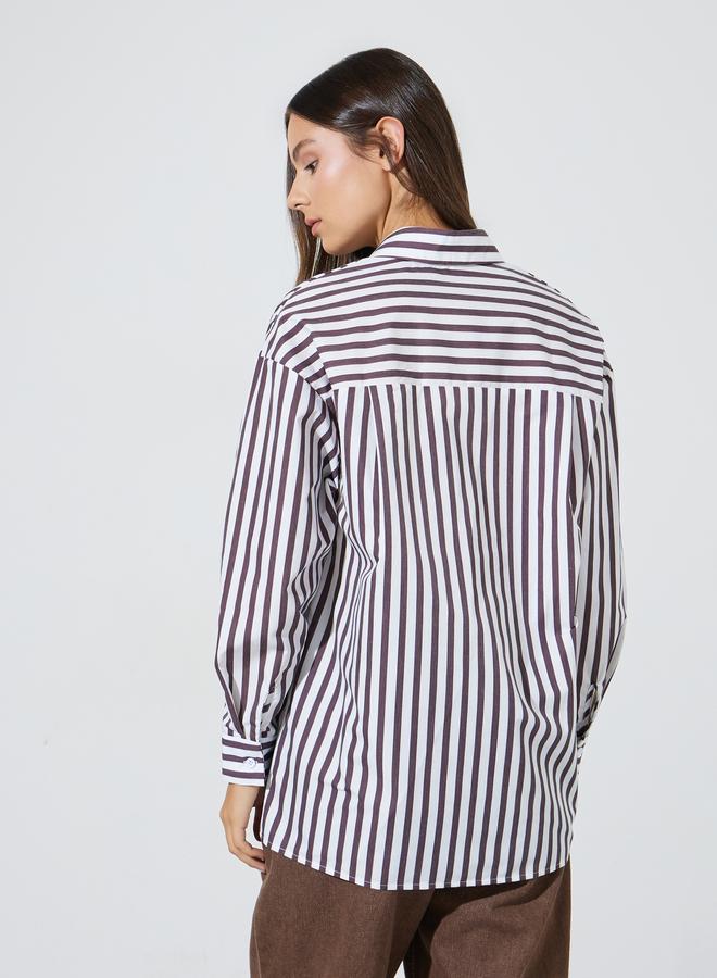 Styli Brown Striped Long Sleeves Longline Oversized Shirt - Image 4