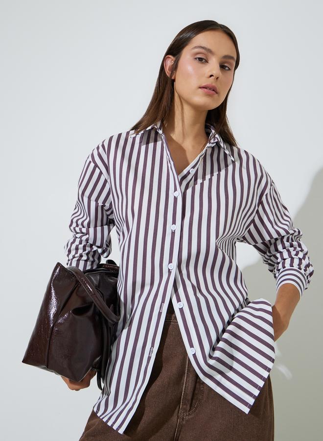 Styli Brown Striped Long Sleeves Longline Oversized Shirt - Image 1