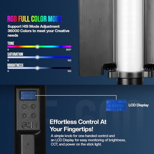 HIFFIN HF-600 RGB LED Light Stick for Photography, Photography Light with RGB CCT HSI Mode, 2500K-9900K Adjustable, 25 Fx Light Effect, Power 25W, Barndoor, 5200mah Battery for YouTube, Photoshoot - Image 2