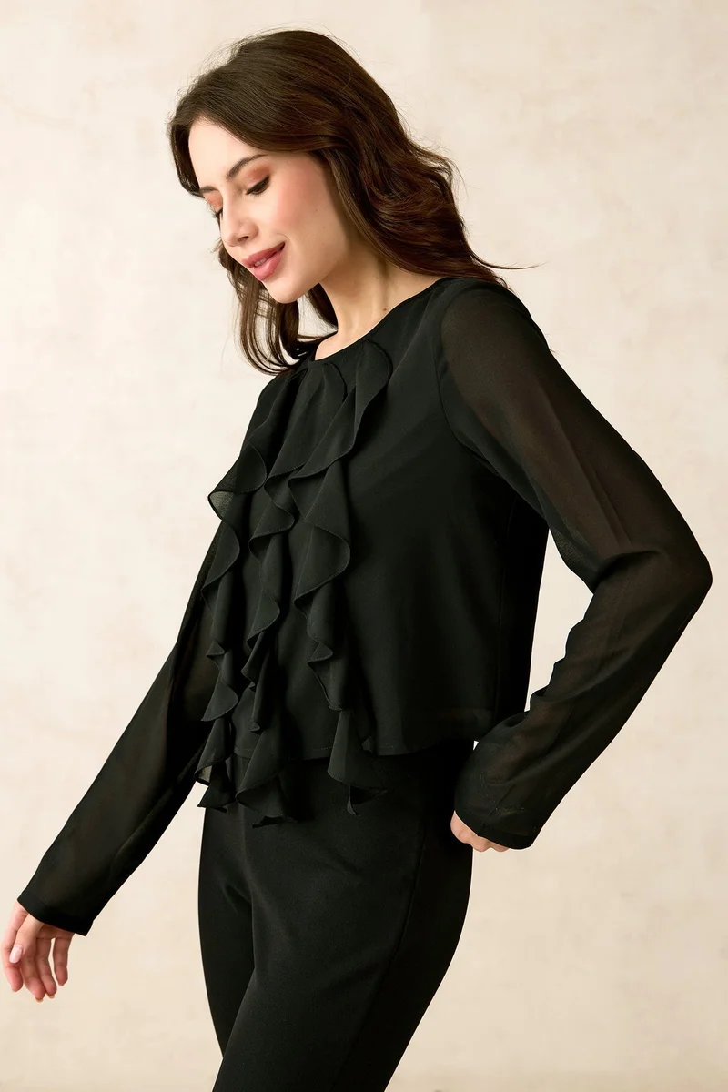 Virgio Georgette Vertical Vacation Ruffle Detail Tops for Women