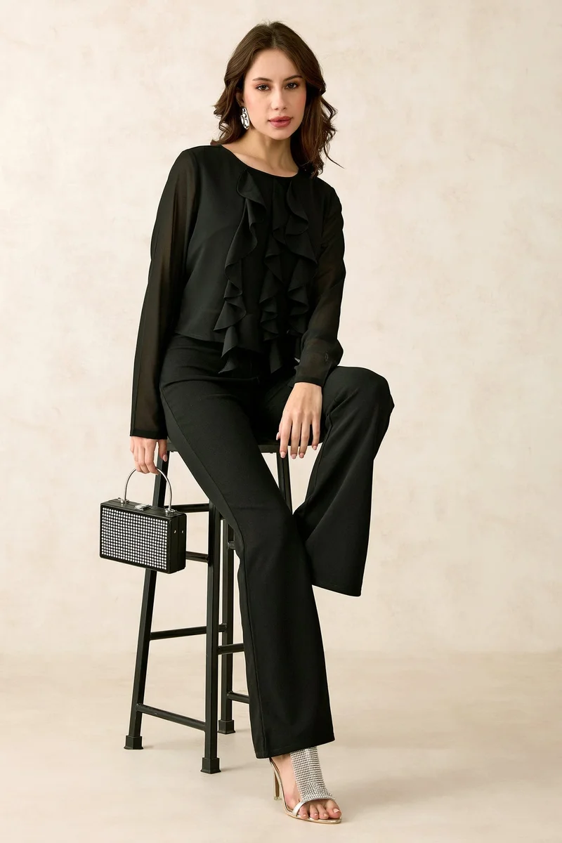 Virgio Georgette Vertical Vacation Ruffle Detail Tops for Women