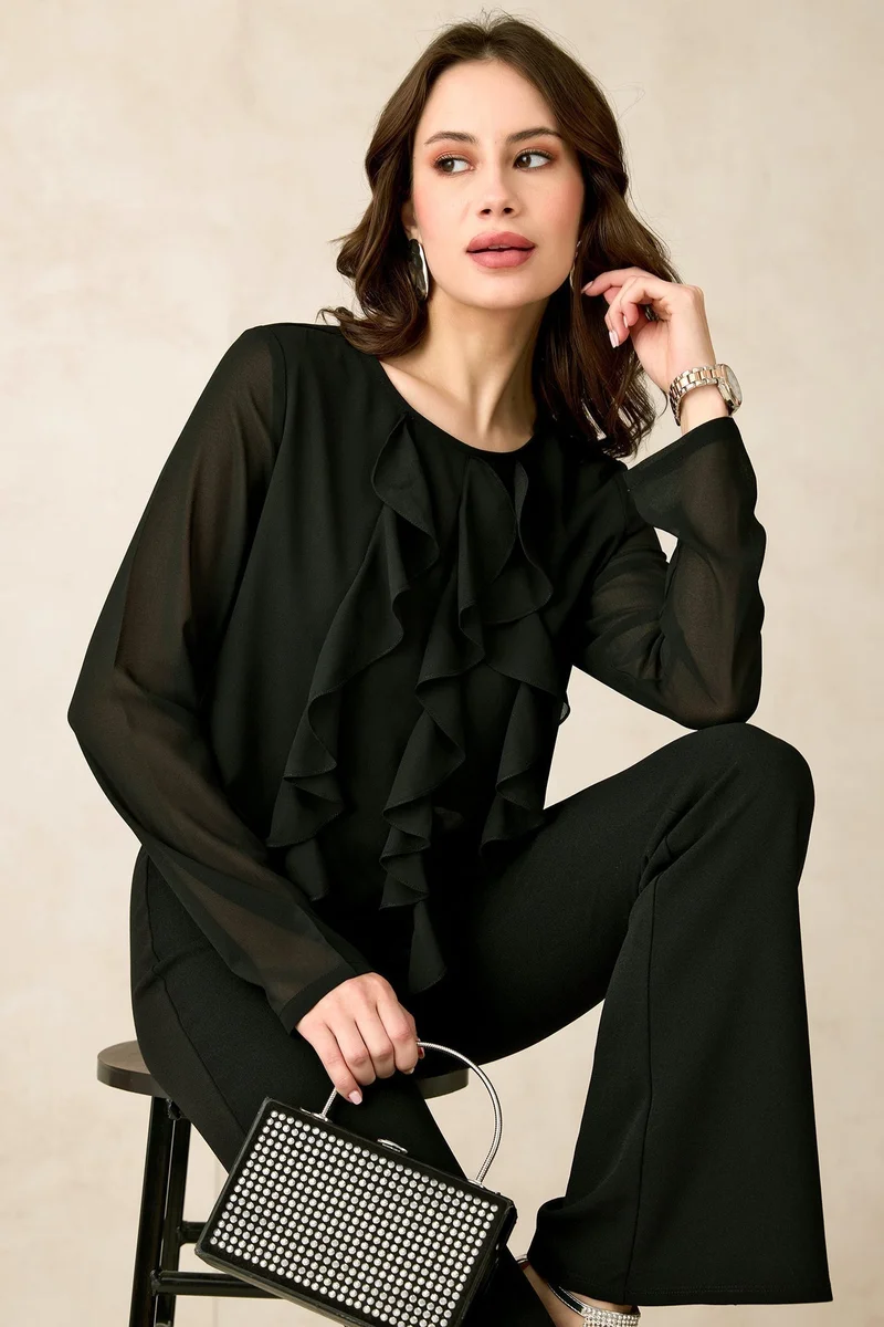 Virgio Georgette Vertical Vacation Ruffle Detail Tops for Women