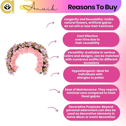 ANVIK Fancy Party Bridal Wedding Fabric/Artificial Rose Flower Bun Juda Hair Gajra for Women Flower Floral Hair Accessories for women Veni for hair (Light Pink) - Image 5