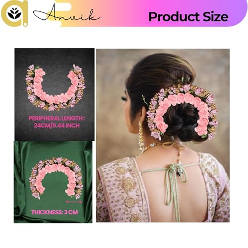 ANVIK Fancy Party Bridal Wedding Fabric/Artificial Rose Flower Bun Juda Hair Gajra for Women Flower Floral Hair Accessories for women Veni for hair (Light Pink) - Image 3