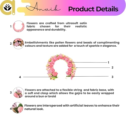 ANVIK Fancy Party Bridal Wedding Fabric/Artificial Rose Flower Bun Juda Hair Gajra for Women Flower Floral Hair Accessories for women Veni for hair (Light Pink) - Image 2