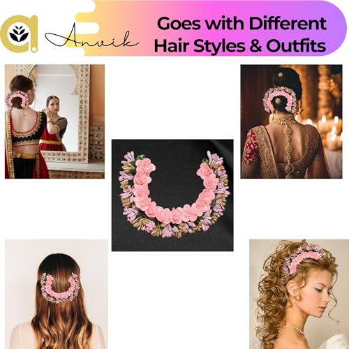ANVIK Fancy Party Bridal Wedding Fabric/Artificial Rose Flower Bun Juda Hair Gajra for Women Flower Floral Hair Accessories for women Veni for hair (Light Pink) - Image 4