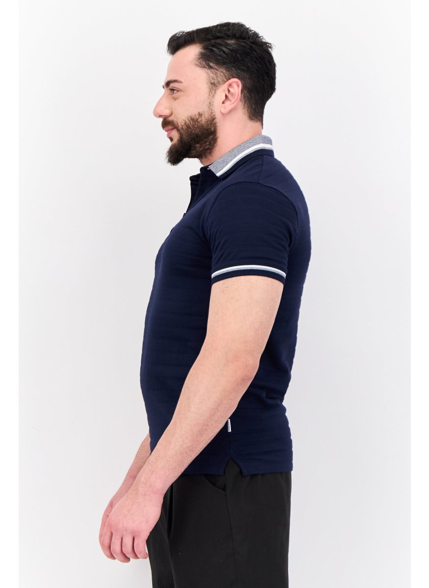 Peter Werth - Men Regular Fit Textured Short Sleeves Polo Shirt, Dark Navy - Image 1