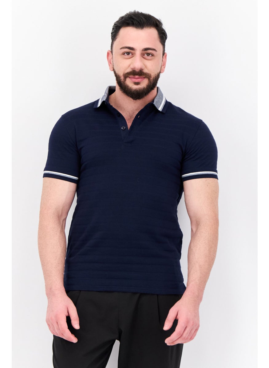 Peter Werth - Men Regular Fit Textured Short Sleeves Polo Shirt, Dark Navy - Image 1