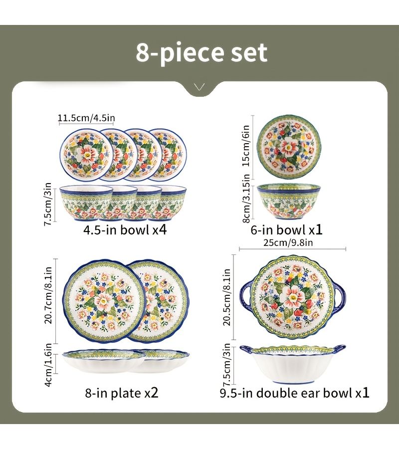 Vintage Ceramic Tableware Set 8pcs With Blooming Flower Patterns Including Bowls And Plates For Rice Fruits Salads Home Restaurant Use Oven And Microwave Safe - Image 3