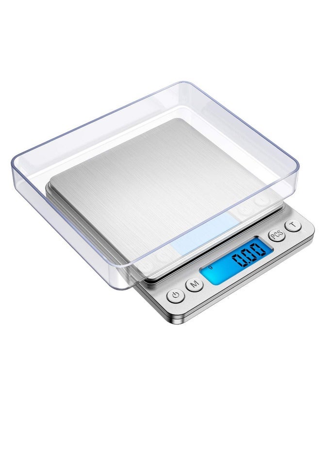 DIGITAL KITCHEN SCALE WITH 2 TRAYS, 500G/ 0.01G MINI POCKET JEWELRY SCALE, COOKING FOOD SCALE, BACK-LIT LCD DISPLAY GRAMS AND OUNCES FOR WEIGHT LOSS, DIETING, BAKING, COOKING, MEAL PREP, COFFEE, JEWELRY