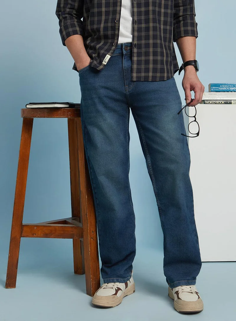 Dennis Lingo Men's Indigo Cotton Blend Solid Full Length Relaxed Jeans