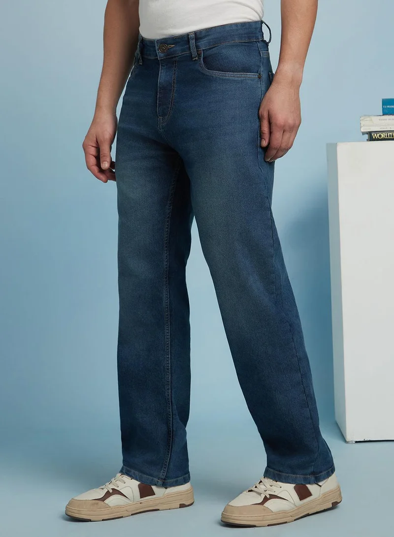 Dennis Lingo Men's Indigo Cotton Blend Solid Full Length Relaxed Jeans