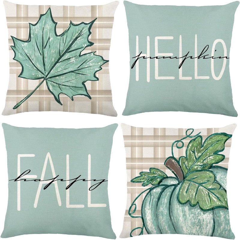 YUJUN 4 Pack Fall Pillow Covers Decoration,18x18in Blue Buffalo Plaid Farmhouse Pumpkin Maple Leaves Thanksgiving Fall Throw Pillows Cushion Case Couch Decor for Autumn Home Outdoor Decorations - Image 1