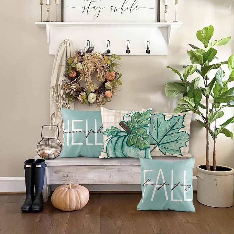 YUJUN 4 Pack Fall Pillow Covers Decoration,18x18in Blue Buffalo Plaid Farmhouse Pumpkin Maple Leaves Thanksgiving Fall Throw Pillows Cushion Case Couch Decor for Autumn Home Outdoor Decorations - Image 4