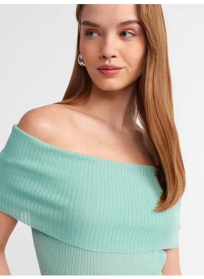 Dilvin 10558 Bardot Collar Ribbed Fine Knitwear Sweater-Mint
