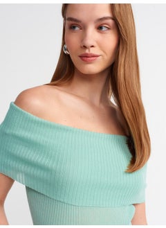 Dilvin 10558 Bardot Collar Ribbed Fine Knitwear Sweater-Mint  - Image 1