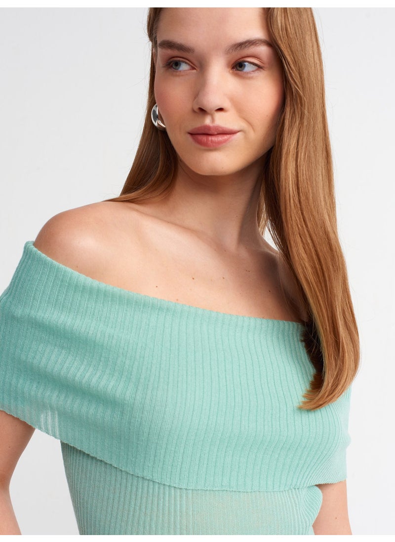 Dilvin 10558 Bardot Collar Ribbed Fine Knitwear Sweater-Mint  - Image 1