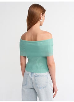 Dilvin 10558 Bardot Collar Ribbed Fine Knitwear Sweater-Mint  - Image 2