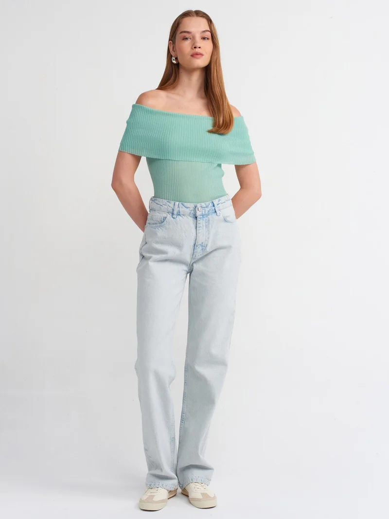 ديلفين 10558 Bardot Collar Ribbed Fine Knitwear Sweater-Mint