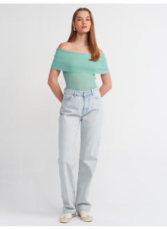 Dilvin 10558 Bardot Collar Ribbed Fine Knitwear Sweater-Mint  - Image 3