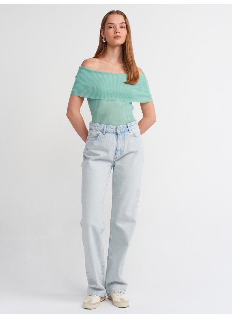 Dilvin 10558 Bardot Collar Ribbed Fine Knitwear Sweater-Mint  - Image 3