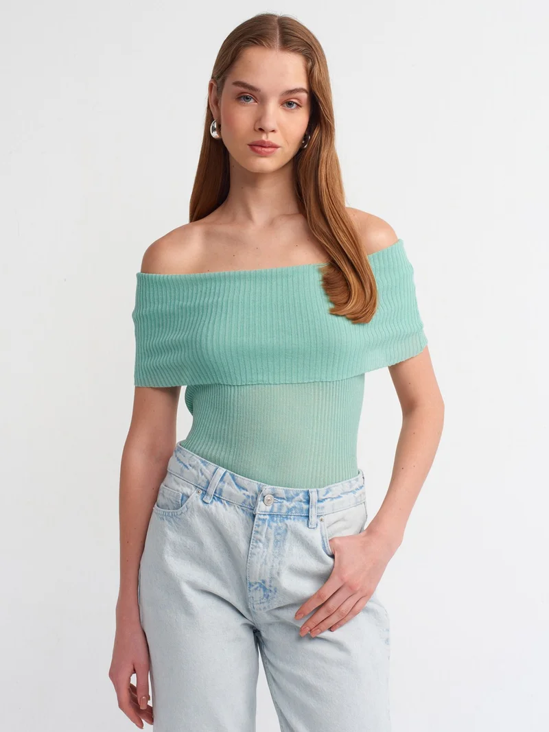 ديلفين 10558 Bardot Collar Ribbed Fine Knitwear Sweater-Mint