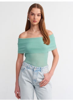 Dilvin 10558 Bardot Collar Ribbed Fine Knitwear Sweater-Mint  - Image 4
