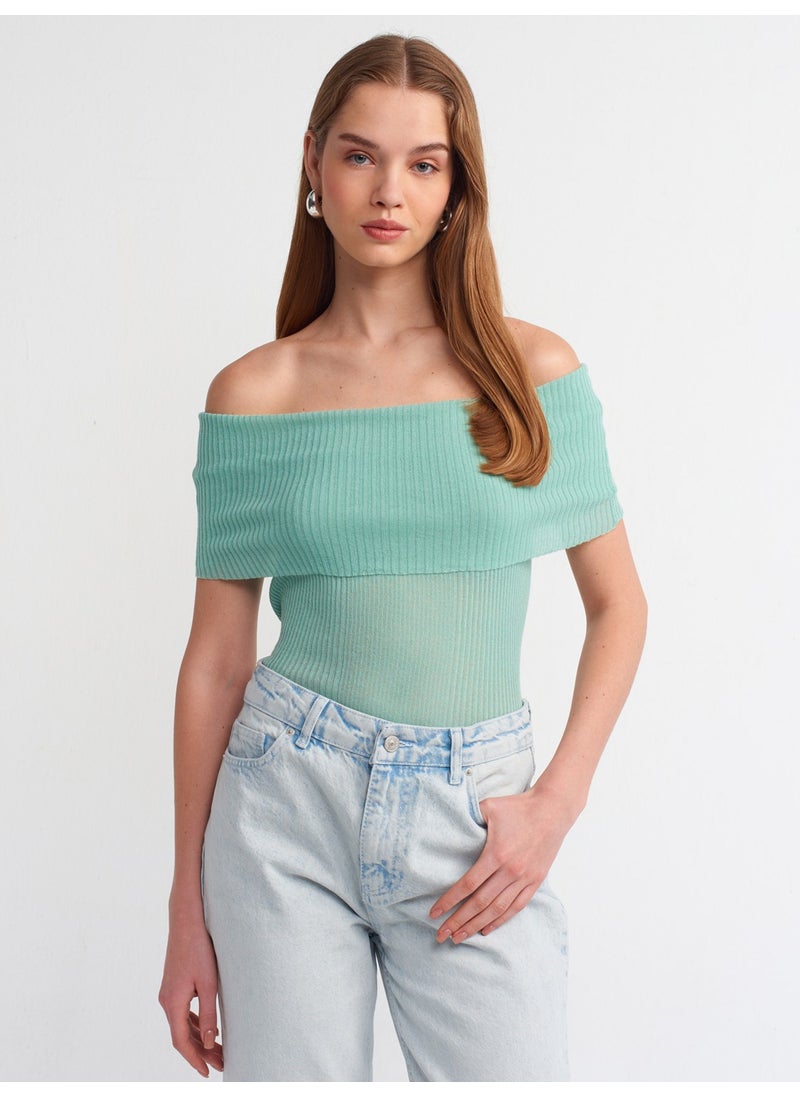 Dilvin 10558 Bardot Collar Ribbed Fine Knitwear Sweater-Mint  - Image 4