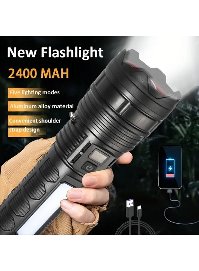 Ab Black Type C Rechargeable Ultra Bright Flashlight Adjustable Focus High Power Side Light Dual LED Beams Portable For Camping Hiking Emergency - Image 3