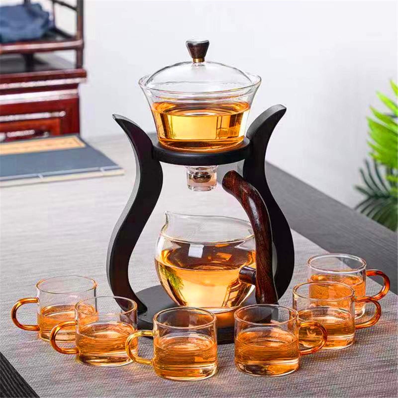 Mozeo Semiautomatic Glass Teapot Suit Rotating Cover Bowl for Attract Water Flow Wooden Glass Teapot Set with 6 bowls Teapot with 6pcs bowl
