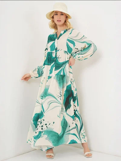 BIG DART BDART Printed V-Neck Maxi Dress with Button Closure