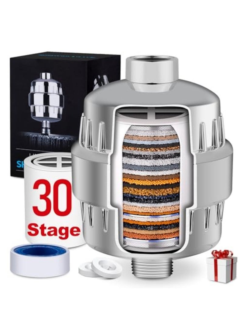 30-Stage Shower Filter for Hard Water, High Output Shower Head Filter with Extra Replacement Cartridge, Removes Chlorine, Fluoride & Heavy Metals, Universal Fit 1/2”, Chrome Finish - Image 1