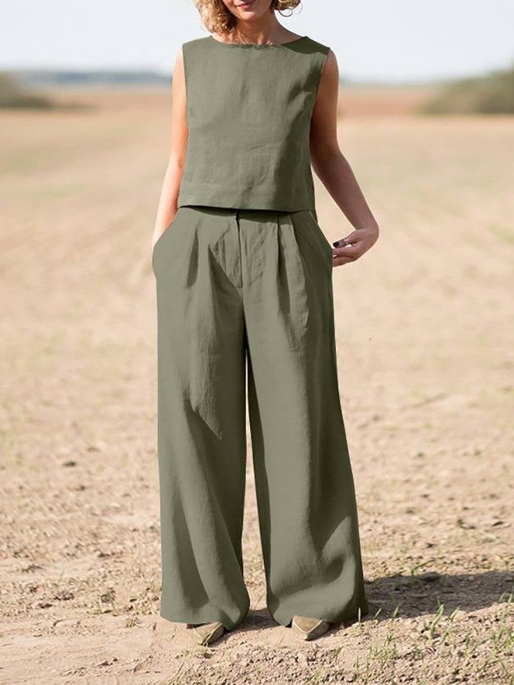 Barbora Linen Casual Sleeveless Top and Bottom Women's Set LN08HAKI15  - Image 1