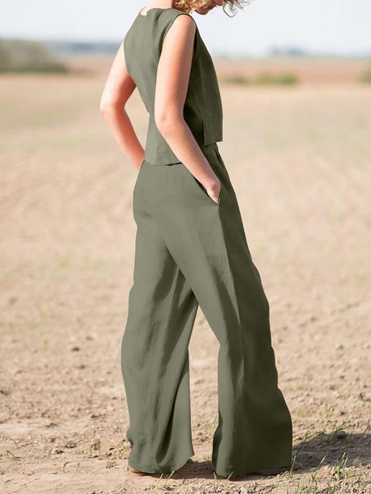 Barbora Linen Casual Sleeveless Top and Bottom Women's Set LN08HAKI15  - Image 2