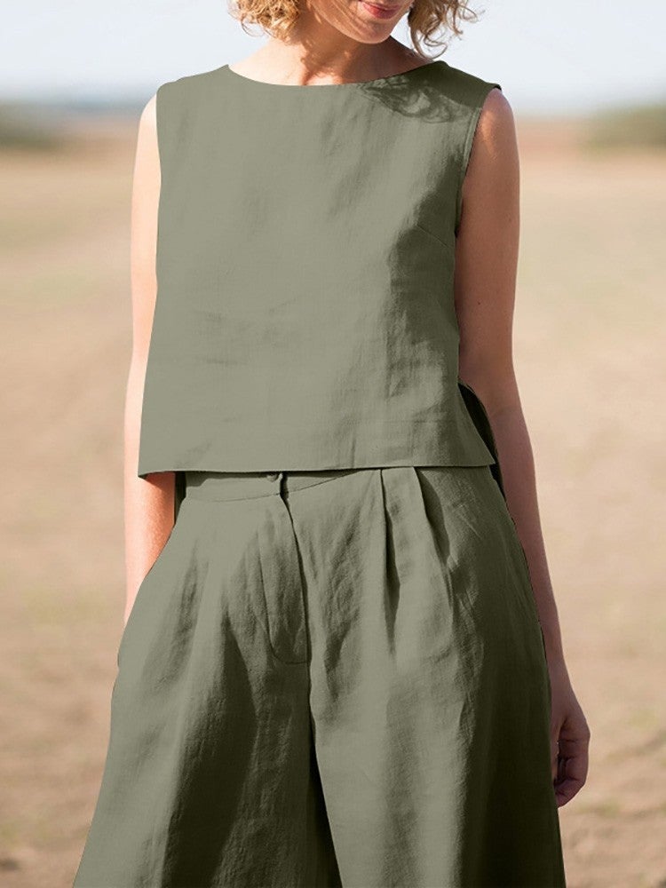 Barbora Linen Casual Sleeveless Top and Bottom Women's Set LN08HAKI15  - Image 3