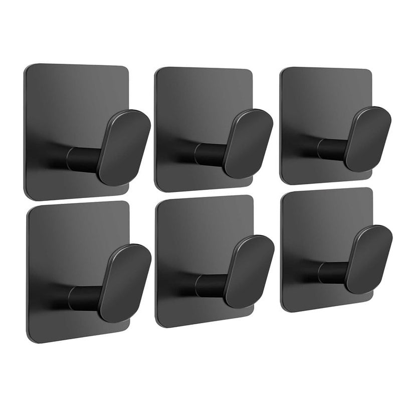 Bukela 6 Pcs Adhesive Hooks, Wall Hooks Stainless Steel, Adhesive Wall Hooks for Shower, Bathroom, Kitchen, Glass Door (Black) - Image 1