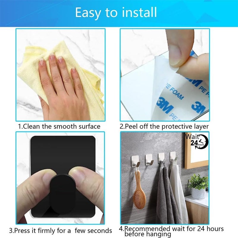 Bukela 6 Pcs Adhesive Hooks, Wall Hooks Stainless Steel, Adhesive Wall Hooks for Shower, Bathroom, Kitchen, Glass Door (Black) - Image 3