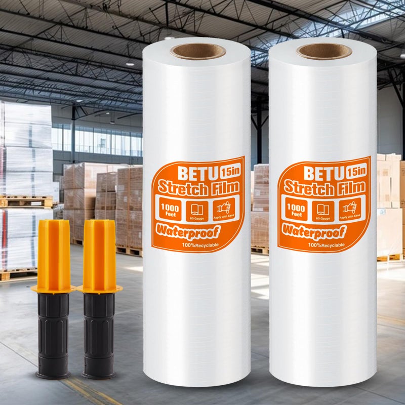 BETU Stretch Film Shrink Wrap for Moving Supplies (15inch, 2 Pack) x 1000ft, Industrial Strength Plastic Wrap Stretch Roll for Pallet Wrapping Shipping Moving Boxes Storage Furniture with Handles, Clear - Image 1
