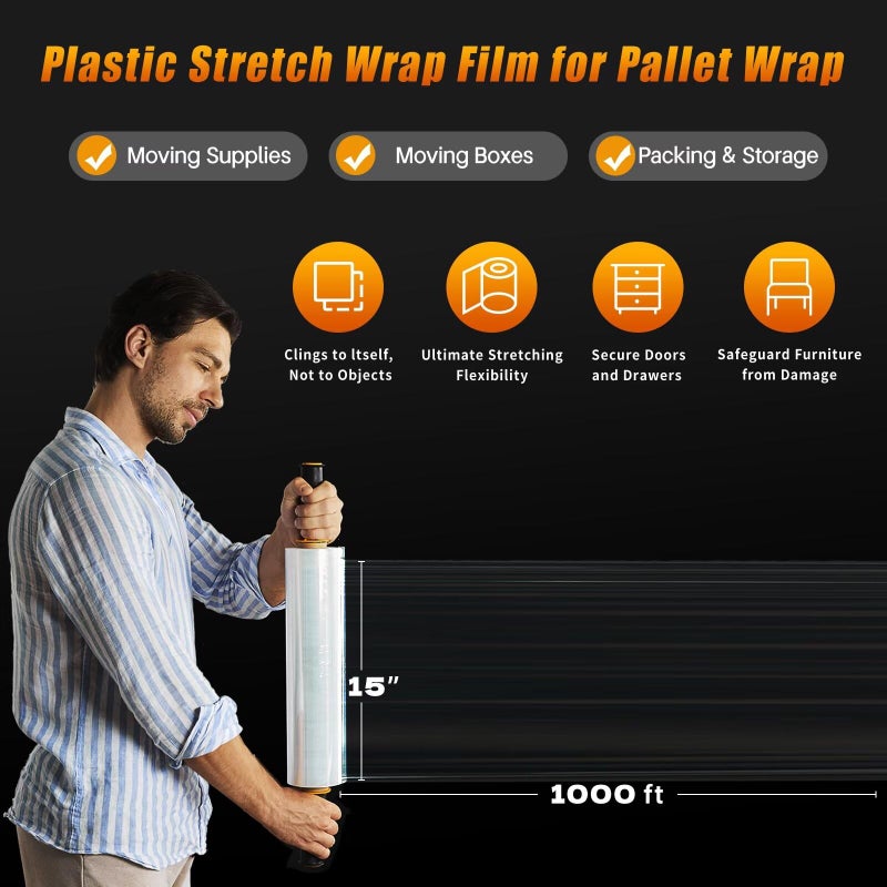 BETU Stretch Film Shrink Wrap for Moving Supplies (15inch, 2 Pack) x 1000ft, Industrial Strength Plastic Wrap Stretch Roll for Pallet Wrapping Shipping Moving Boxes Storage Furniture with Handles, Clear - Image 4