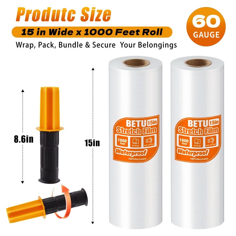 BETU Stretch Film Shrink Wrap for Moving Supplies (15inch, 2 Pack) x 1000ft, Industrial Strength Plastic Wrap Stretch Roll for Pallet Wrapping Shipping Moving Boxes Storage Furniture with Handles, Clear - Image 2