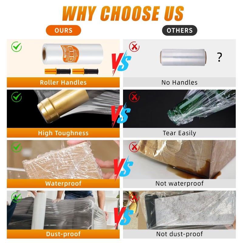 BETU Stretch Film Shrink Wrap for Moving Supplies (15inch, 2 Pack) x 1000ft, Industrial Strength Plastic Wrap Stretch Roll for Pallet Wrapping Shipping Moving Boxes Storage Furniture with Handles, Clear - Image 5