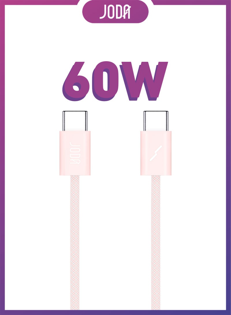 JODA Silk 60W USB-C to USB-C Cable, Pink , 1 Meter ,60W Fast Charging, ,Safe Fast Charging, ,Smart Device & iPhone Charging Cable, ,Durable Charger, ,Long Lasting Charging Cable, ,USB-C Cable Charger, ,Super Fast Charging, ,1 Meter Cable, ,iPhone & Android Charger, ,Strong & Flexible Charging Cable. - Image 1