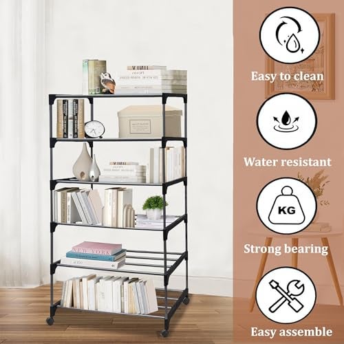 ROBMOB 6 Tier Metal Book Shelf Tall Narrow Storage Rack for Kids and Adults Modern Bookshelf Unit for Nursery, School, Home, and Office, Floor Mount Open - Image 2
